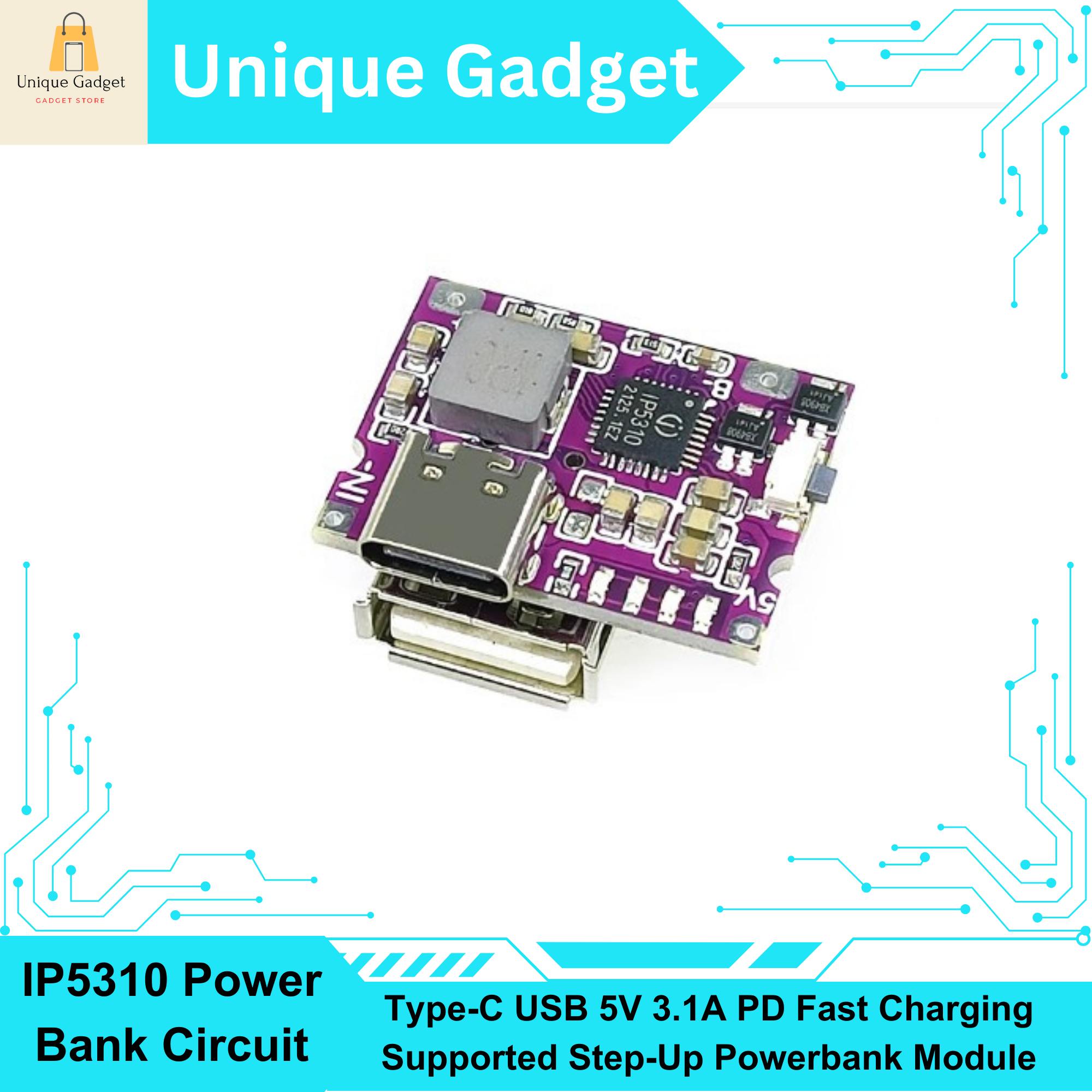 Type-C USB 5V 3.1A PD Fast Charging Supported Step-Up Powerbank Module IP5310 Power Bank Circuit With Switch LED Indicator