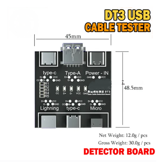 DT3 Data Cable Detection Board USB Cable Tester for IOS Android Type-C Short Circuit On-Off Switching Test Board Tool